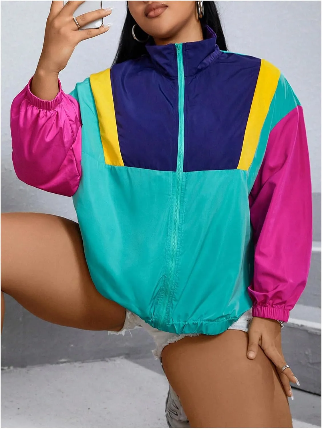 SweatyRocks Women's Plus Size Jackets Lightweight Color Block Collared Windbreaker Jackets