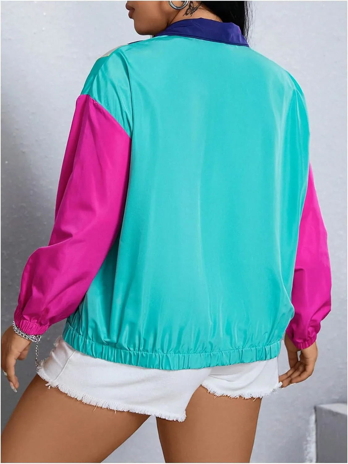 SweatyRocks Women's Plus Size Jackets Lightweight Color Block Collared Windbreaker Jackets