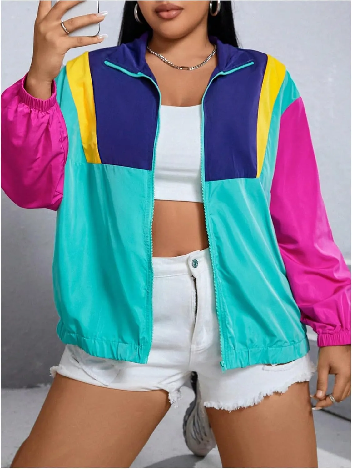 SweatyRocks Women's Plus Size Jackets Lightweight Color Block Collared Windbreaker Jackets