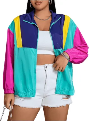 SweatyRocks Women's Plus Size Jackets Lightweight Color Block Collared Windbreaker Jackets
