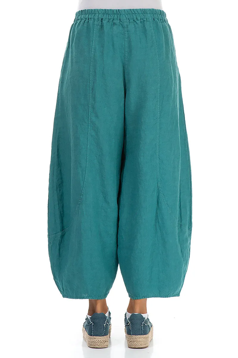 Taper Cropped Wide Turquoise Linen Trousers