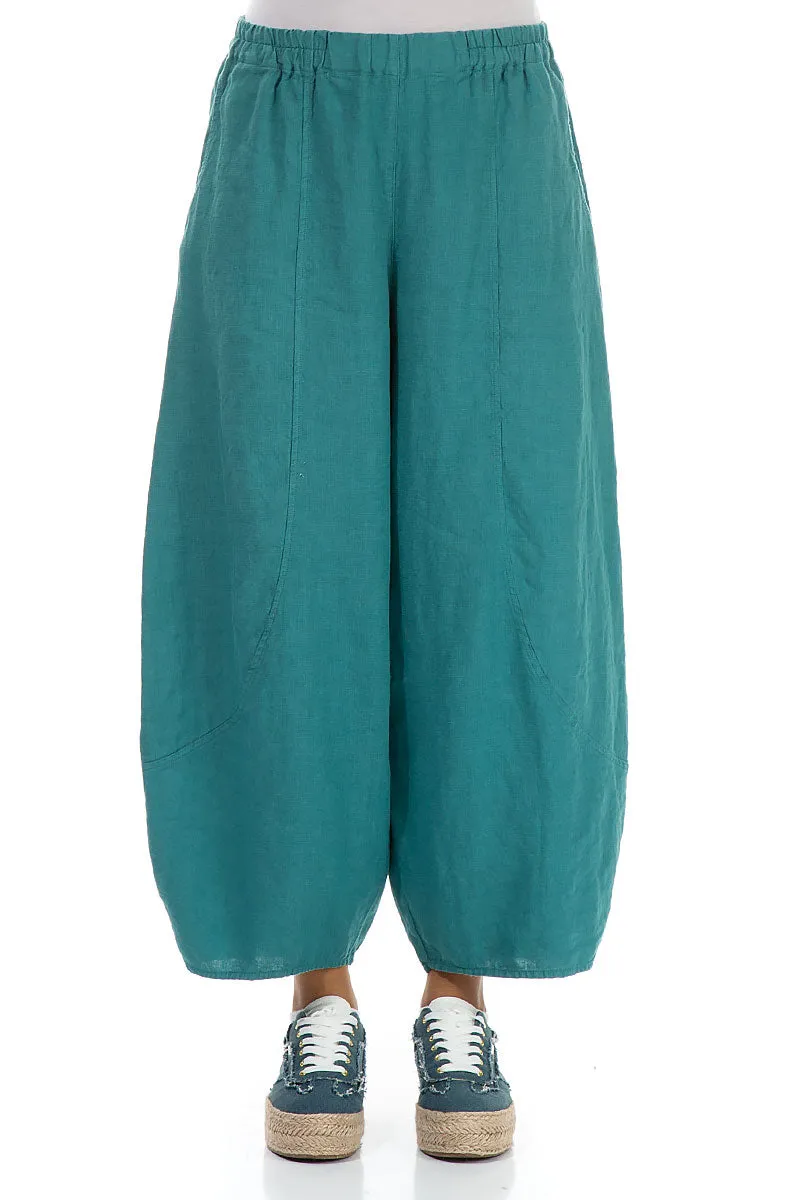 Taper Cropped Wide Turquoise Linen Trousers