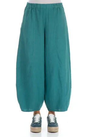 Taper Cropped Wide Turquoise Linen Trousers