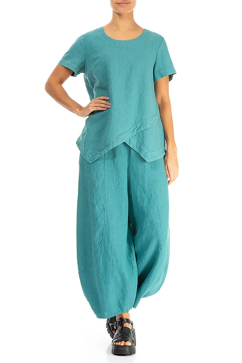 Taper Cropped Wide Turquoise Linen Trousers
