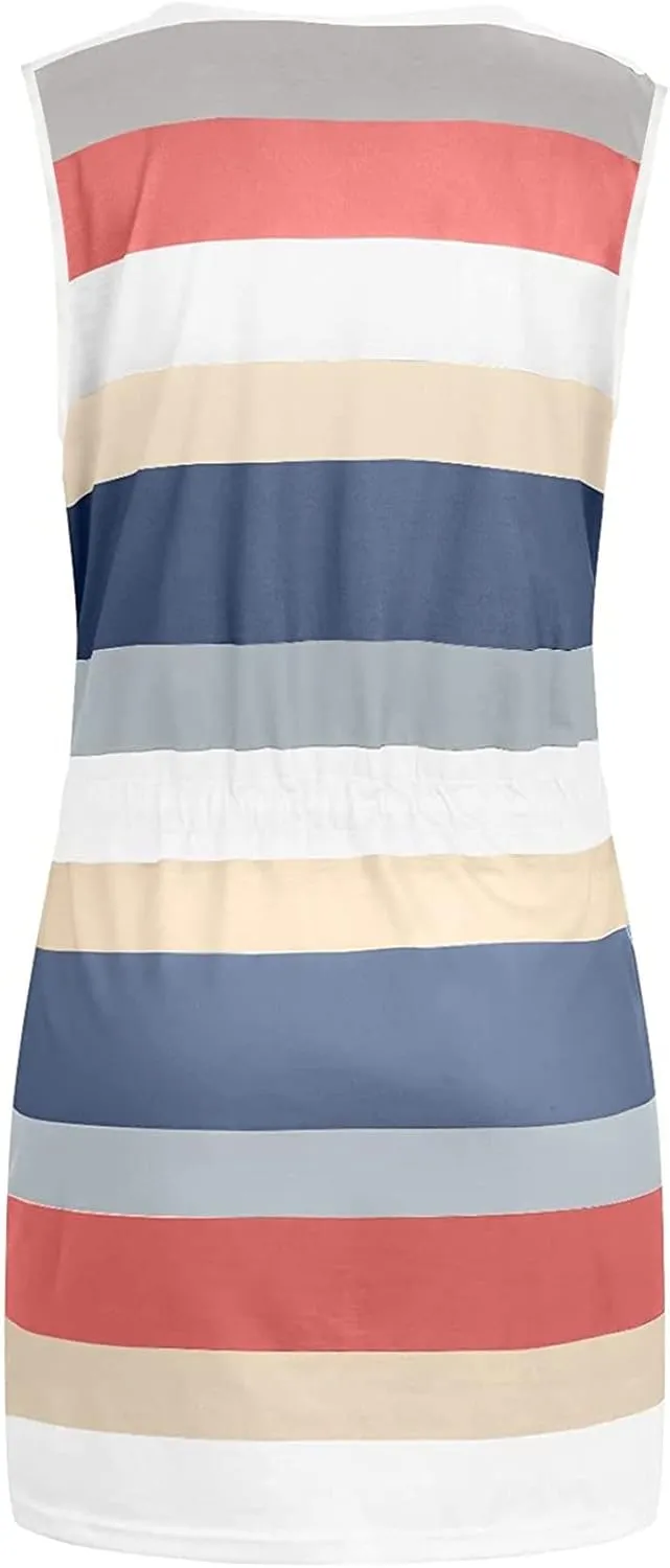 TARIENDY Dresses for Women Casual Summer Striped Dress Sleeveless Drawstring Sundress Comfy Vacation Outfits with Pockets