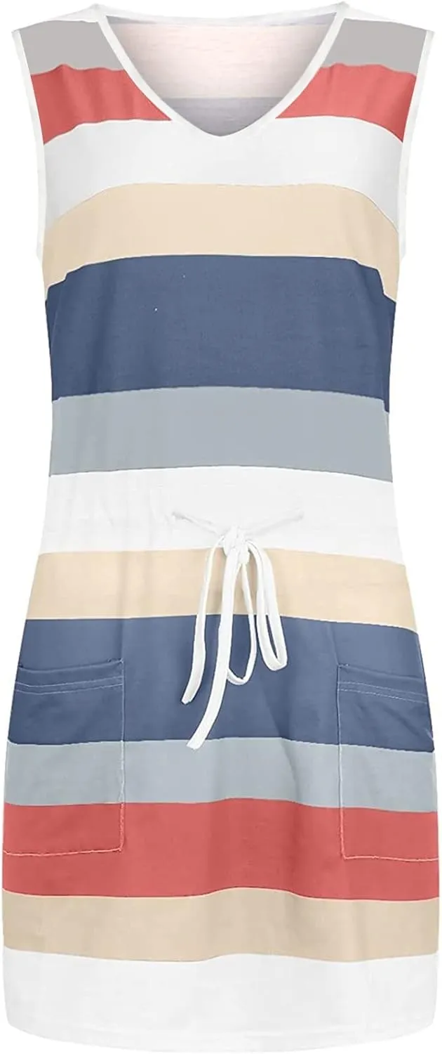 TARIENDY Dresses for Women Casual Summer Striped Dress Sleeveless Drawstring Sundress Comfy Vacation Outfits with Pockets