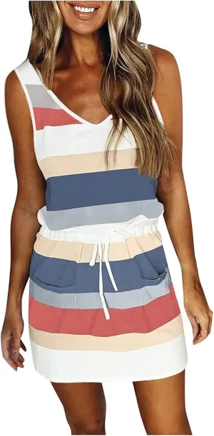 TARIENDY Dresses for Women Casual Summer Striped Dress Sleeveless Drawstring Sundress Comfy Vacation Outfits with Pockets