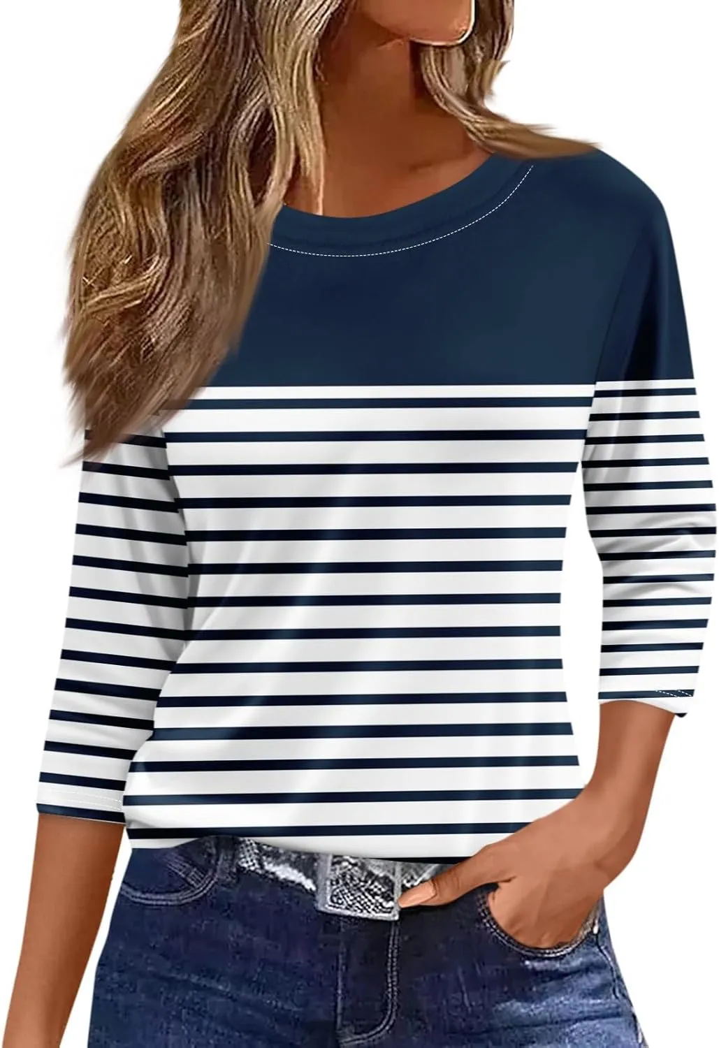 Tops for Women 3/4 Length Sleeve Crewneck Shirts 2024 Fall Casual Loose Fit Printed Blouse Cute Graphic Basic Tees