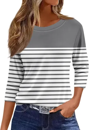 Tops for Women 3/4 Length Sleeve Crewneck Shirts 2024 Fall Casual Loose Fit Printed Blouse Cute Graphic Basic Tees