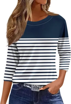 Tops for Women 3/4 Length Sleeve Crewneck Shirts 2024 Fall Casual Loose Fit Printed Blouse Cute Graphic Basic Tees