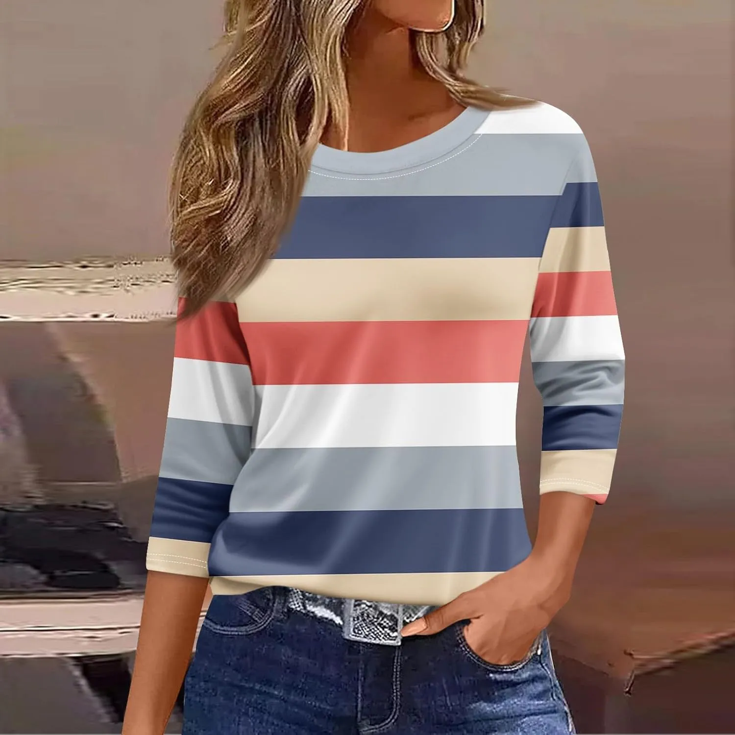 Tops for Women 3/4 Length Sleeve Crewneck Shirts 2024 Fall Casual Loose Fit Printed Blouse Cute Graphic Basic Tees