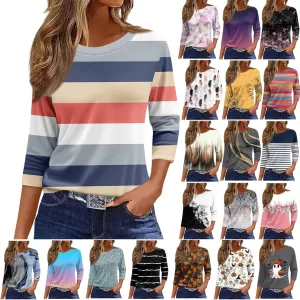 Tops for Women 3/4 Length Sleeve Crewneck Shirts 2024 Fall Casual Loose Fit Printed Blouse Cute Graphic Basic Tees