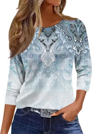 Tops for Women 3/4 Length Sleeve Crewneck Shirts 2024 Fall Casual Loose Fit Printed Blouse Cute Graphic Basic Tees