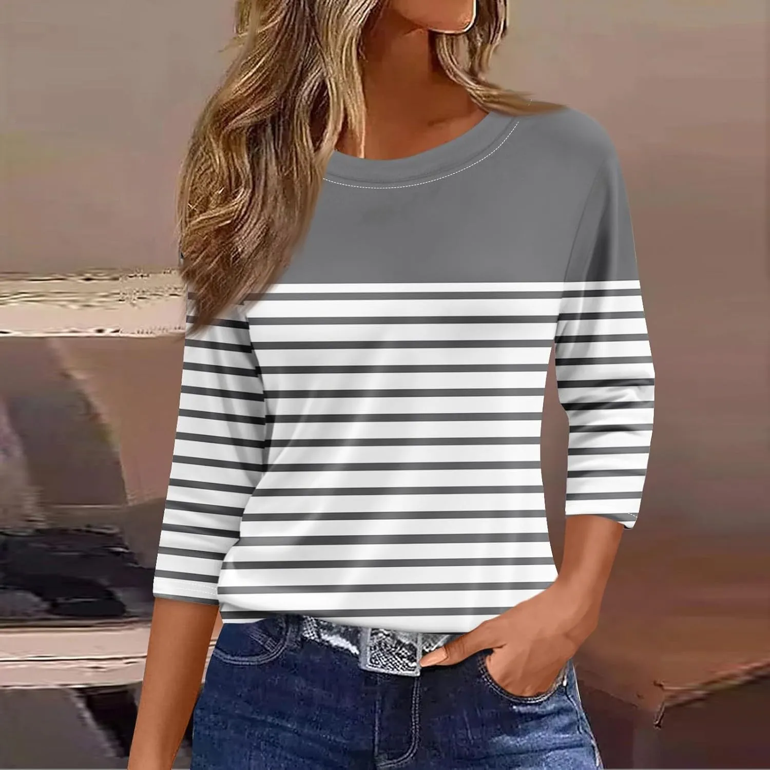 Tops for Women 3/4 Length Sleeve Crewneck Shirts 2024 Fall Casual Loose Fit Printed Blouse Cute Graphic Basic Tees