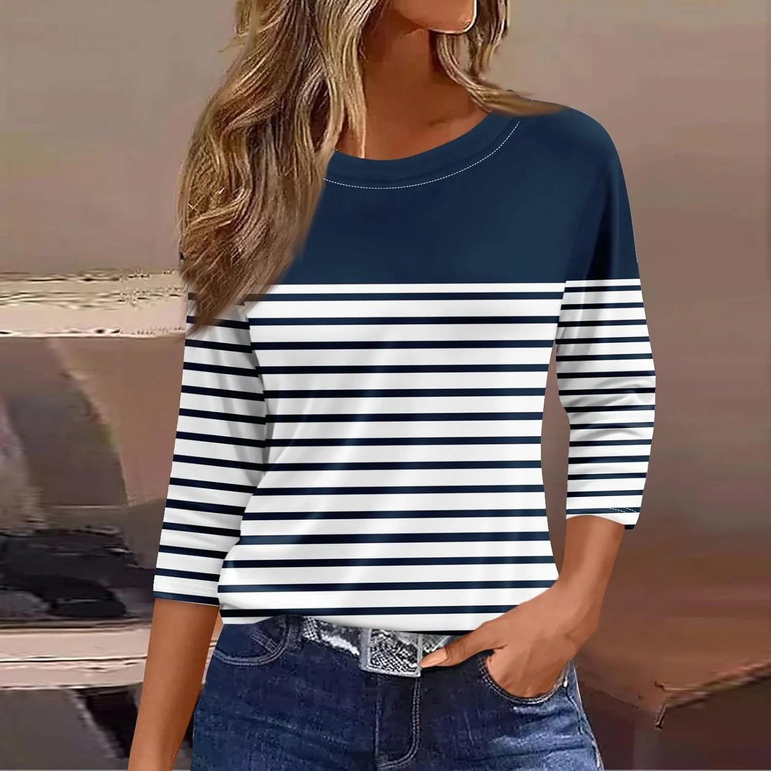 Tops for Women 3/4 Length Sleeve Crewneck Shirts 2024 Fall Casual Loose Fit Printed Blouse Cute Graphic Basic Tees