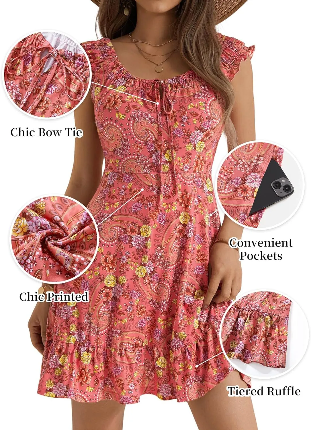 TORARY Women Cute Cap Sleeve Tie Scoop Neck Spring Summer Beach Vacation Boho Dresses 2025 Sundress with Pockets