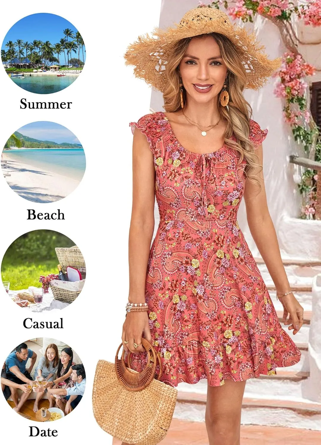 TORARY Women Cute Cap Sleeve Tie Scoop Neck Spring Summer Beach Vacation Boho Dresses 2025 Sundress with Pockets