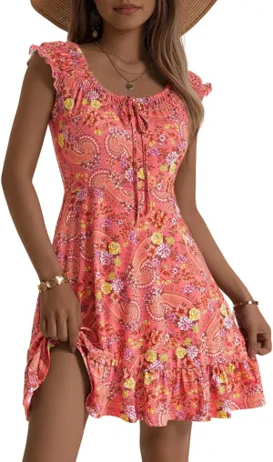 TORARY Women Cute Cap Sleeve Tie Scoop Neck Spring Summer Beach Vacation Boho Dresses 2025 Sundress with Pockets