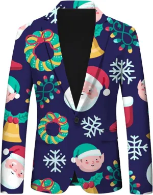 Ugly Christmas Men's Casual Blazer Long Sleeve Suit Jackets Cartoon Santa Claus Print Sports Coats One Button Business Jacket
