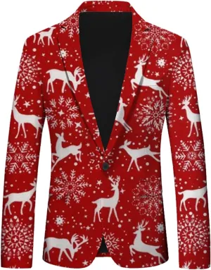 Ugly Christmas Men's Casual Blazer Long Sleeve Suit Jackets Cartoon Santa Claus Print Sports Coats One Button Business Jacket