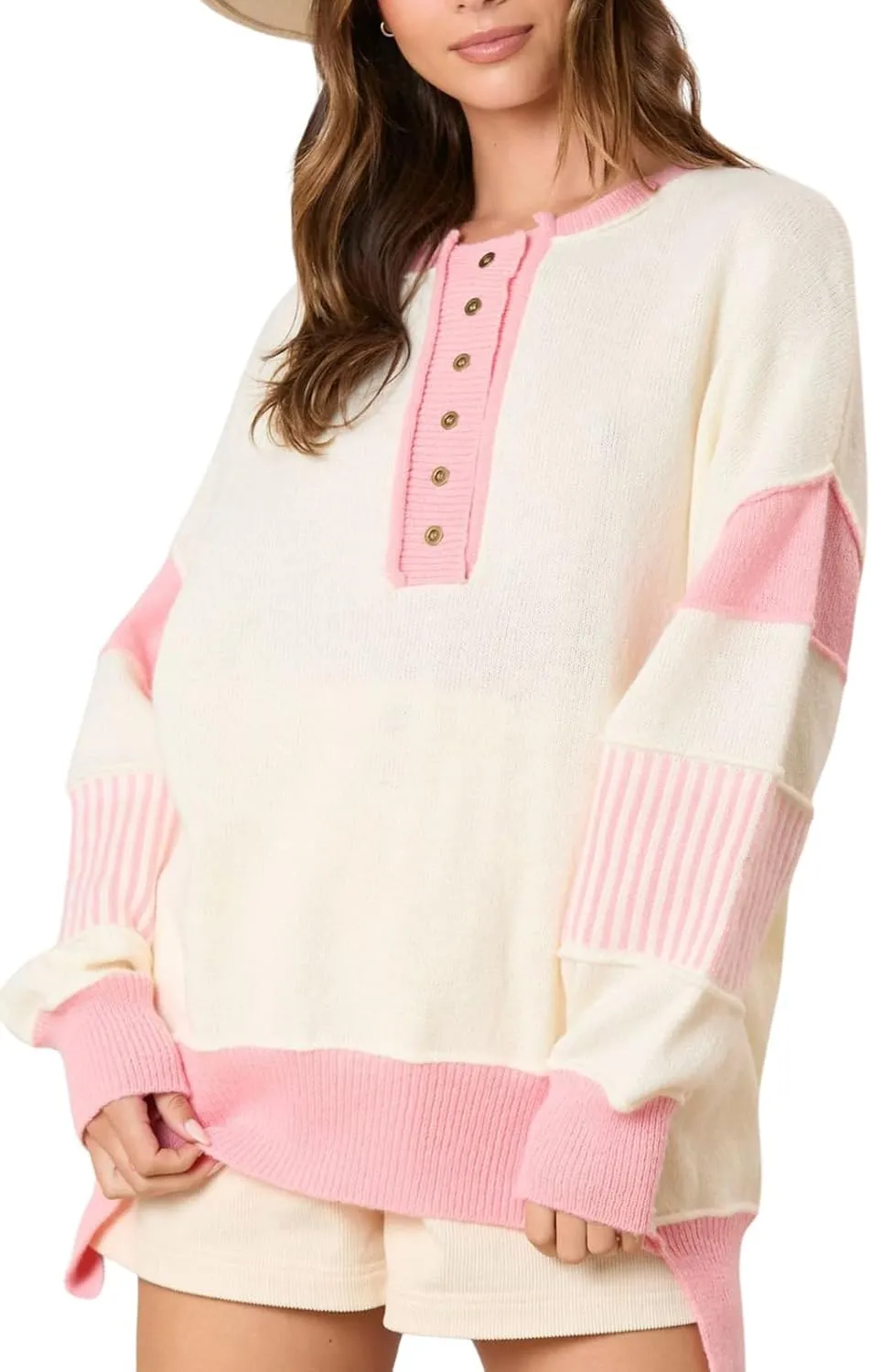 utcoco Women's 2024 Fall Oversized Sweater Tops Casual Loose Color Block Button Up Crew Neck Long Sleeve Knit Pullovers