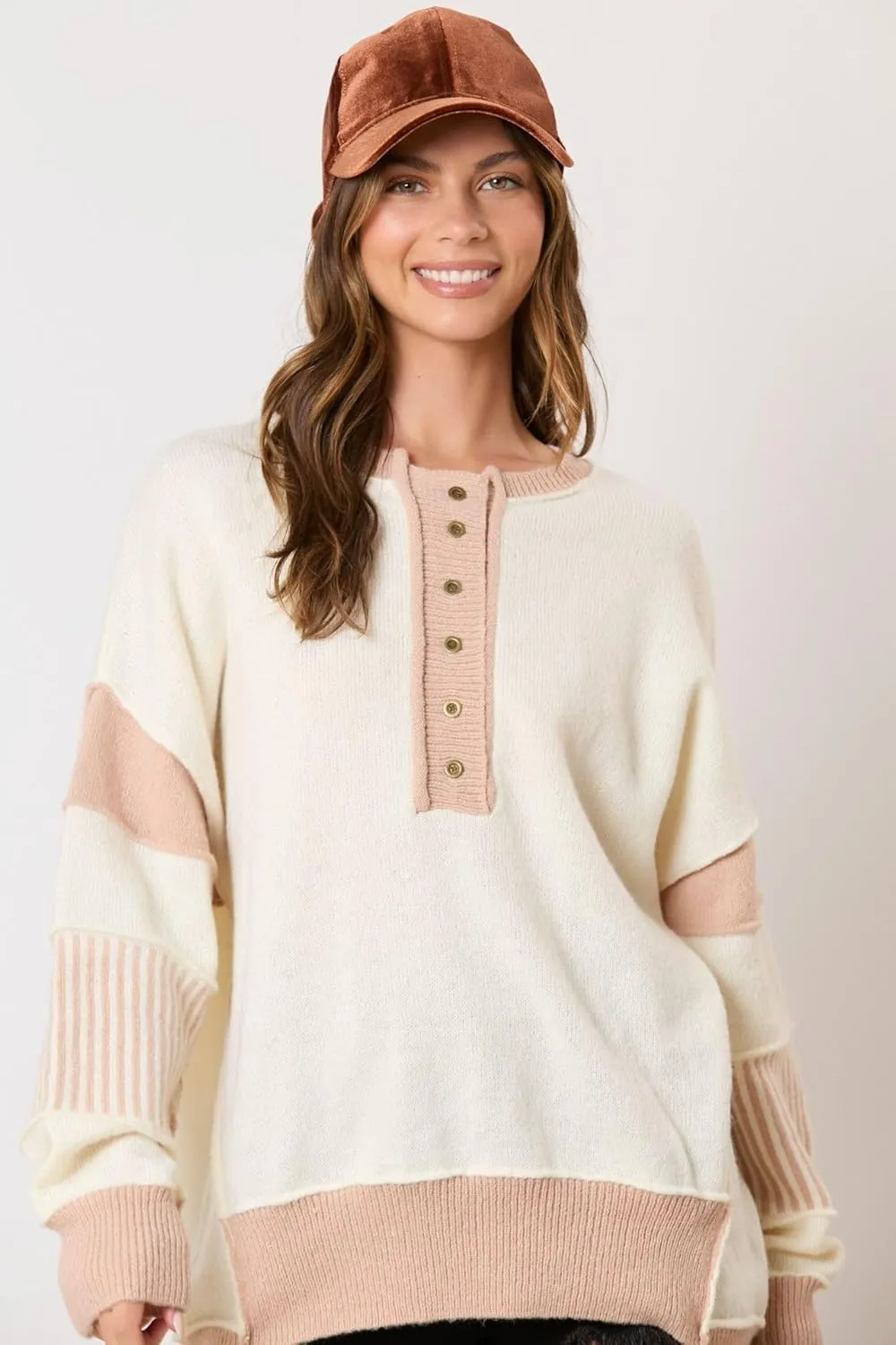 utcoco Women's 2024 Fall Oversized Sweater Tops Casual Loose Color Block Button Up Crew Neck Long Sleeve Knit Pullovers