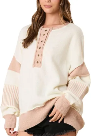 utcoco Women's 2024 Fall Oversized Sweater Tops Casual Loose Color Block Button Up Crew Neck Long Sleeve Knit Pullovers