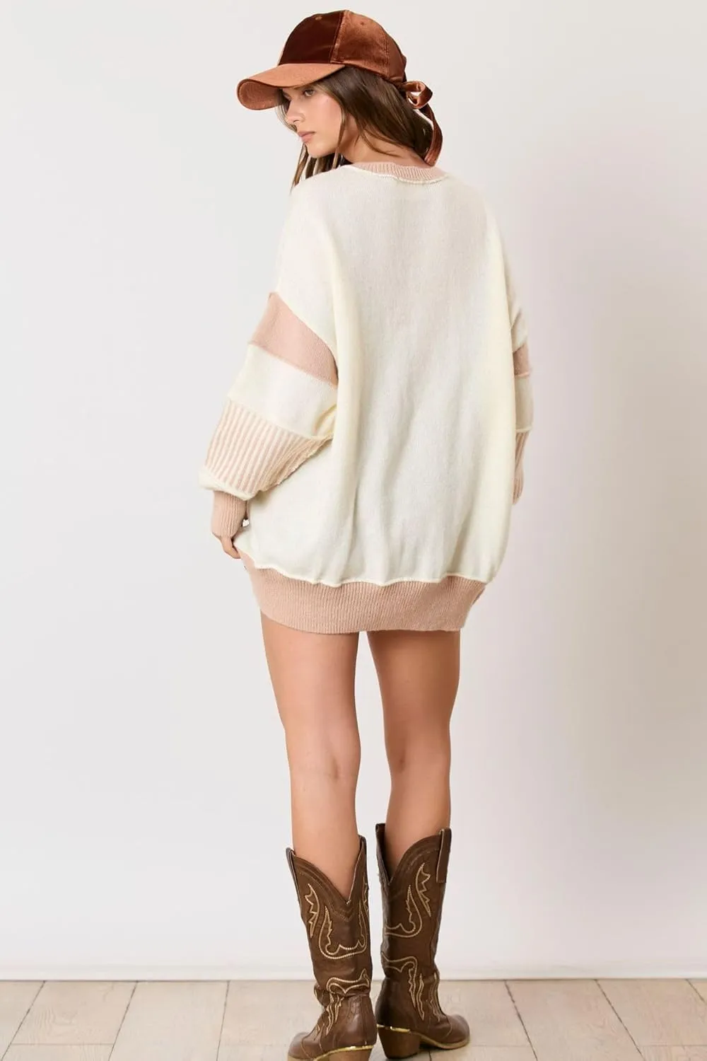 utcoco Women's 2024 Fall Oversized Sweater Tops Casual Loose Color Block Button Up Crew Neck Long Sleeve Knit Pullovers