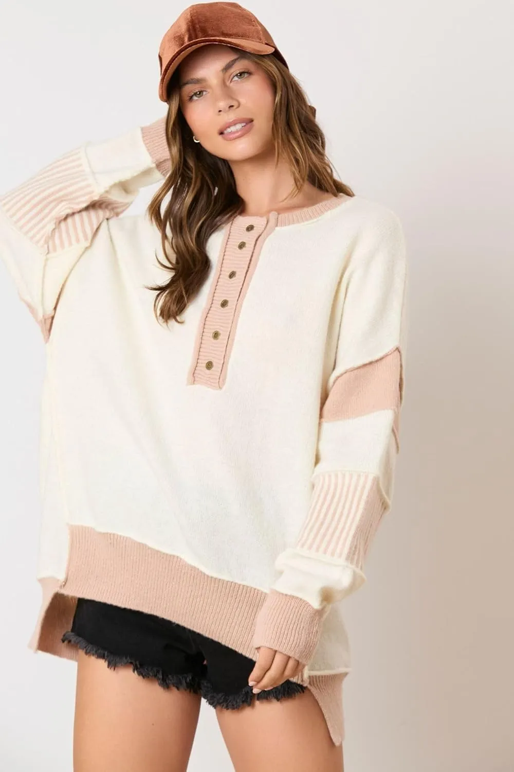 utcoco Women's 2024 Fall Oversized Sweater Tops Casual Loose Color Block Button Up Crew Neck Long Sleeve Knit Pullovers