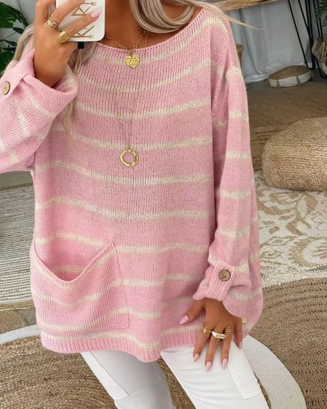 utcoco Women's Oversized Striped Sweater Tops Casual Rolled Up Long Sleeve Pullover Sweaters with Pocket