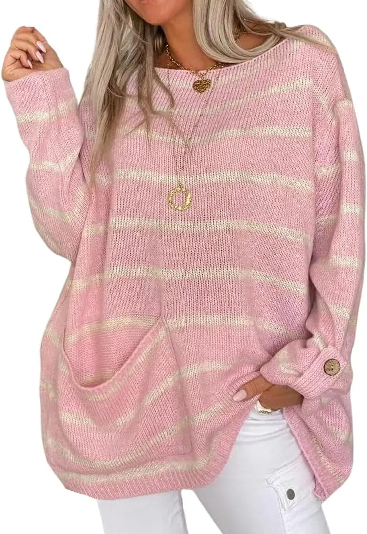 utcoco Women's Oversized Striped Sweater Tops Casual Rolled Up Long Sleeve Pullover Sweaters with Pocket