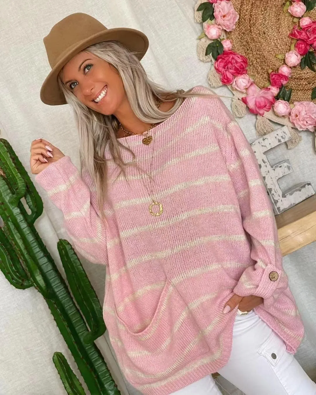 utcoco Women's Oversized Striped Sweater Tops Casual Rolled Up Long Sleeve Pullover Sweaters with Pocket