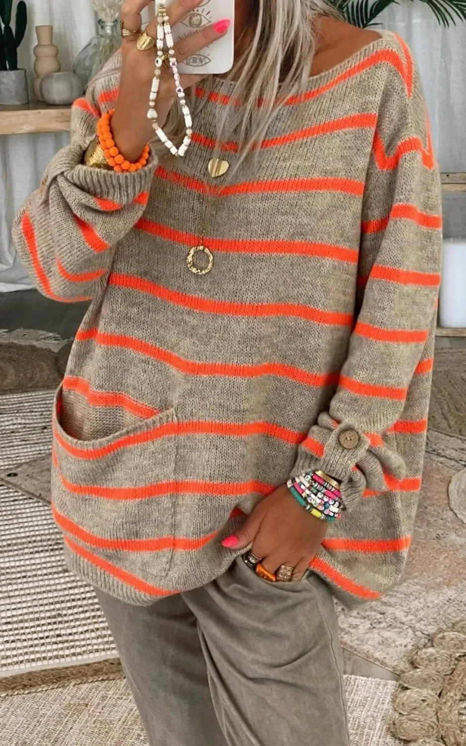 utcoco Women's Oversized Striped Sweater Tops Casual Rolled Up Long Sleeve Pullover Sweaters with Pocket