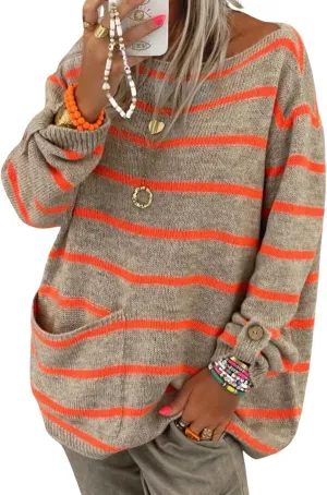 utcoco Women's Oversized Striped Sweater Tops Casual Rolled Up Long Sleeve Pullover Sweaters with Pocket