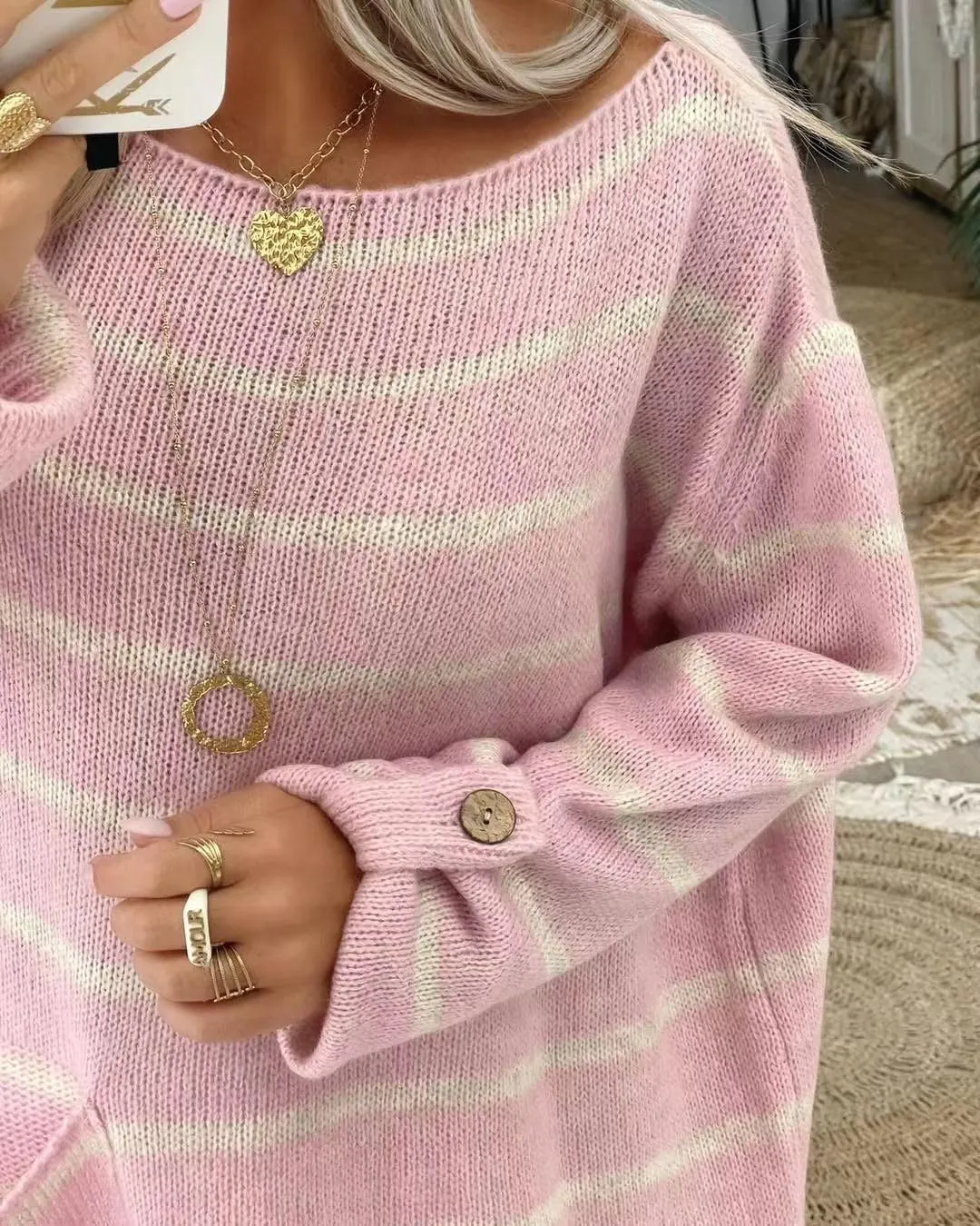 utcoco Women's Oversized Striped Sweater Tops Casual Rolled Up Long Sleeve Pullover Sweaters with Pocket