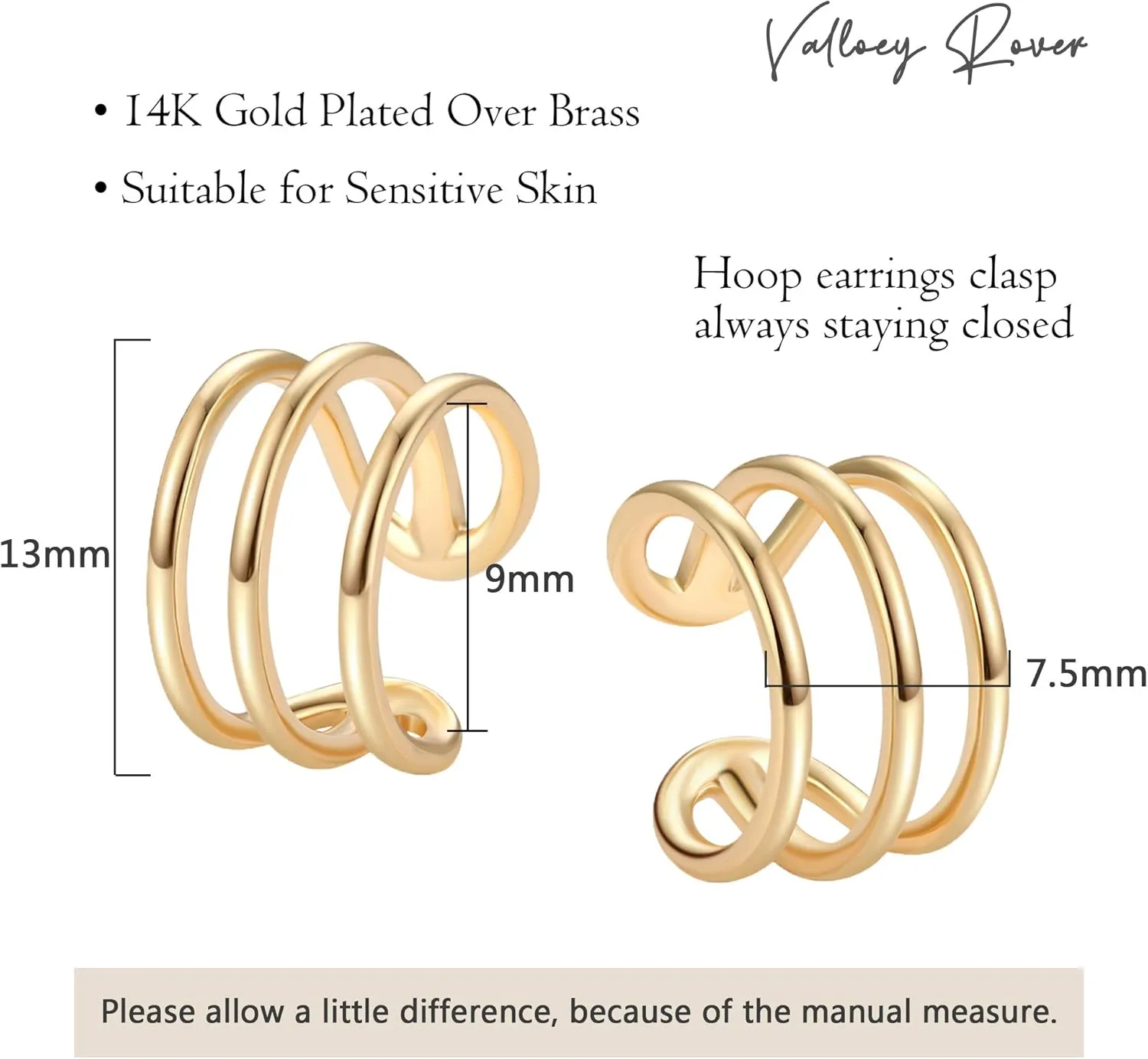 VALLOEY ROVER 14K Gold Plated Wide Cuff Earring Clip On Cartilage Earrings Huggie Ear Cuff Gold Earrings for Women