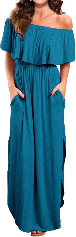 VERABENDI Women's Off Shoulder Summer Casual Long Ruffle Beach Maxi Dress with Pockets