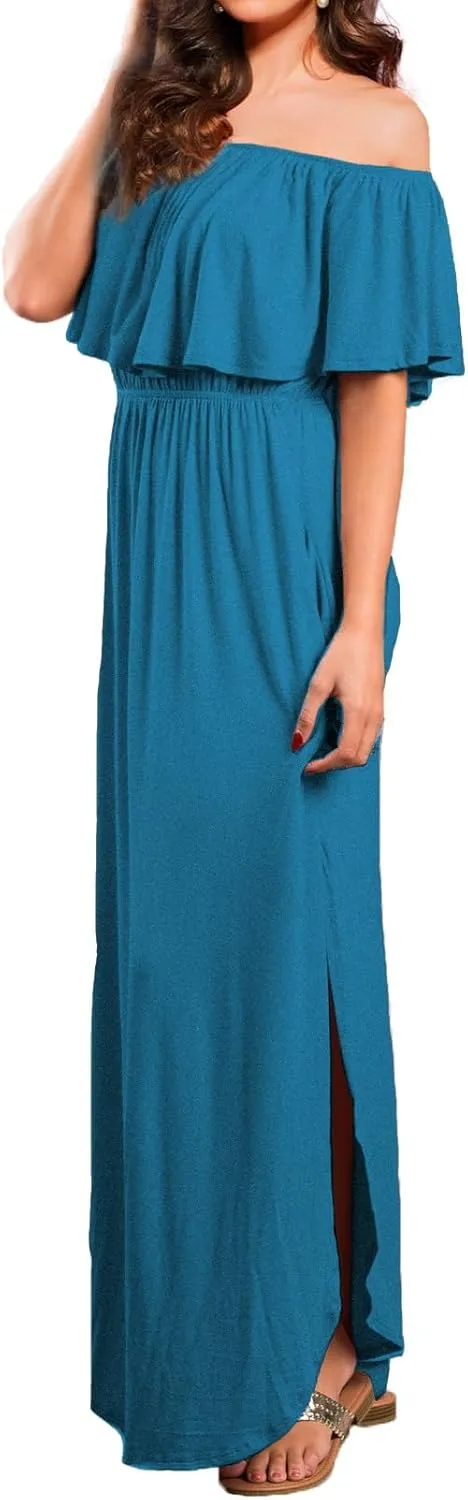 VERABENDI Women's Off Shoulder Summer Casual Long Ruffle Beach Maxi Dress with Pockets