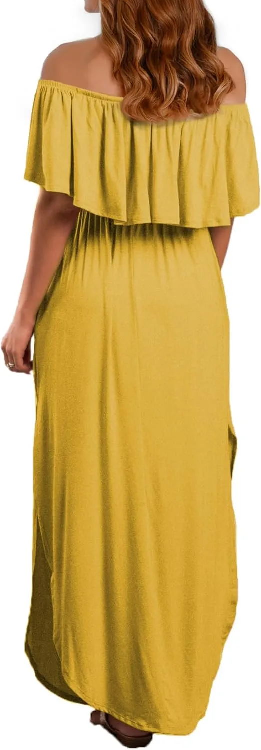 VERABENDI Women's Off Shoulder Summer Casual Long Ruffle Beach Maxi Dress with Pockets