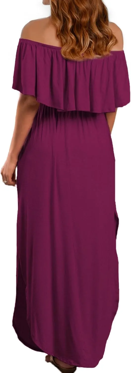 VERABENDI Women's Off Shoulder Summer Casual Long Ruffle Beach Maxi Dress with Pockets