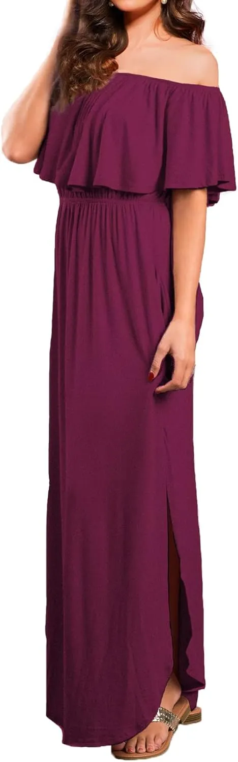 VERABENDI Women's Off Shoulder Summer Casual Long Ruffle Beach Maxi Dress with Pockets