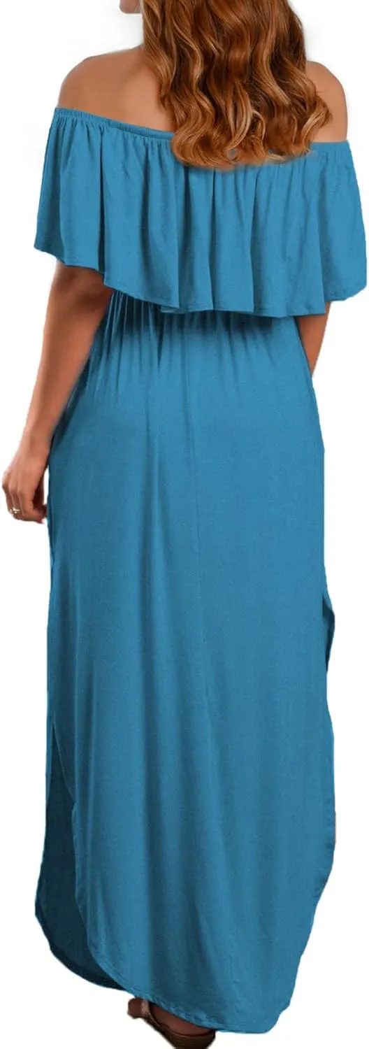 VERABENDI Women's Off Shoulder Summer Casual Long Ruffle Beach Maxi Dress with Pockets