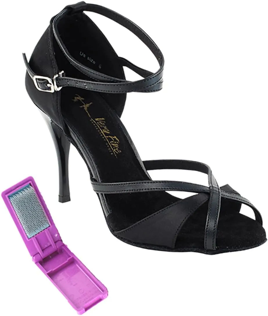 Very Fine Dance Shoes - Ladies Latin, Rhythm, Salsa, Waltz Ballroom Dance Shoes - 2829LEDSS - 3.5-inch Heel and Foldable Brush Bundle - Black Satin - Black Trim - 9.5