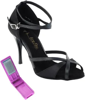 Very Fine Dance Shoes - Ladies Latin, Rhythm, Salsa, Waltz Ballroom Dance Shoes - 2829LEDSS - 3.5-inch Heel and Foldable Brush Bundle - Black Satin - Black Trim - 9.5