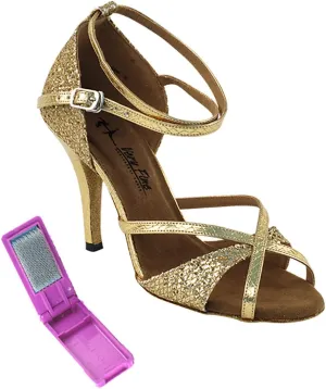 Very Fine Dance Shoes - Ladies Latin, Rhythm, Salsa, Waltz Ballroom Dance Shoes - 2829LEDSS - 3.5-inch Heel and Foldable Brush Bundle - Snake Gold - Gold Sparklenet - 7