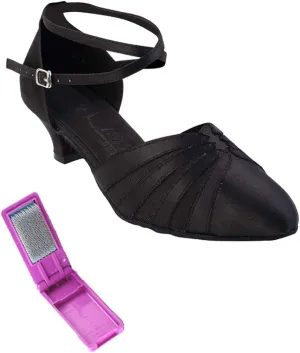 Very Fine Dance Shoes - Ladies Practice, Cuban Low Heel, Waltz Ballroom Dance Shoes - SERA3543-1.2-inch Heel and Foldable Brush Bundle - Black Satin - 10