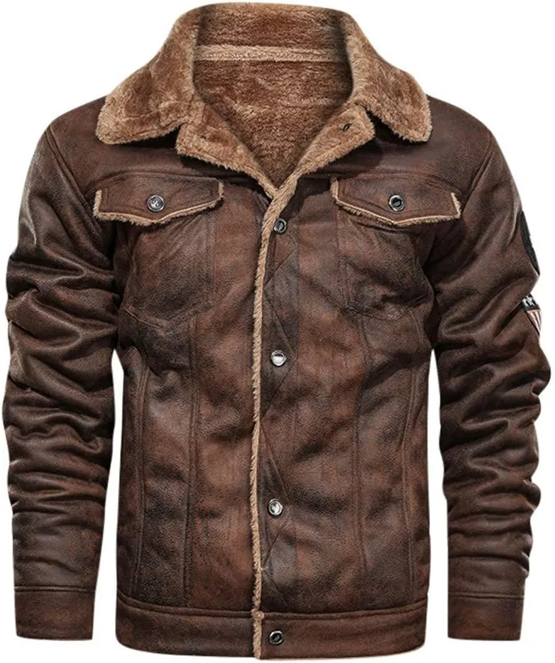 Vintage Jackets Mens Faux Suede Sherpa Lined Jackets Winter Warm Turn-Down Collar Thicken Coats Casual Cargo Jackets