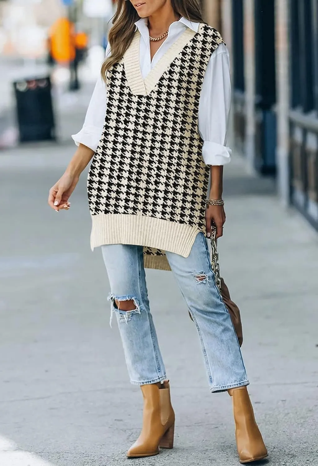Viottiset Women's Oversized V Neck Knit Sweater Vest Tunic Sleeveless Pullover Top