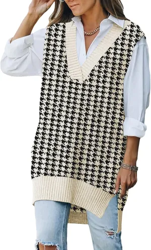 Viottiset Women's Oversized V Neck Knit Sweater Vest Tunic Sleeveless Pullover Top