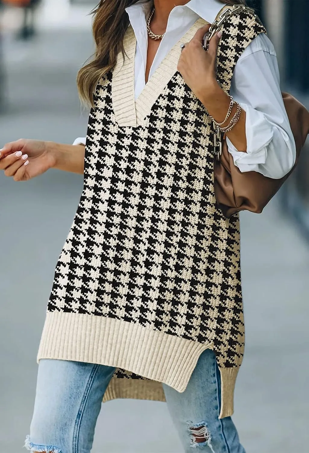 Viottiset Women's Oversized V Neck Knit Sweater Vest Tunic Sleeveless Pullover Top
